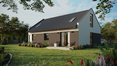 ERDOL 3 - Version Links (Wohnzimmer auf der linken Seite) - Modernes Satteldach mit ausgebautem Dachboden -Dachneigung  35 Grad - Zwei Zimmer-Dachfenster und ein Badezimmer-Dachfenster - Balkontür im Esszimmer und Bodentiefes Fenster im Dachgeschoss - Styropor, Netz, Kleber - Anthrazit - Ohne