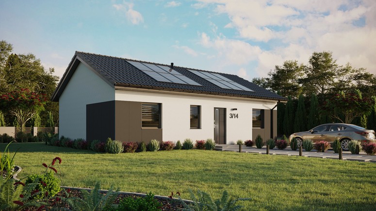 ERDOL 3 - Version Rechts (Wohnzimmer auf der rechten Seite) - Satteldach ohne ausgebautem Dachboden -Dachneigung  25 Grad - Keine Dachfenster - Standard - Styropor, Netz, Kleber - Anthrazit - Photovoltaik-Installation 4,8 kWp (12 Paneele)