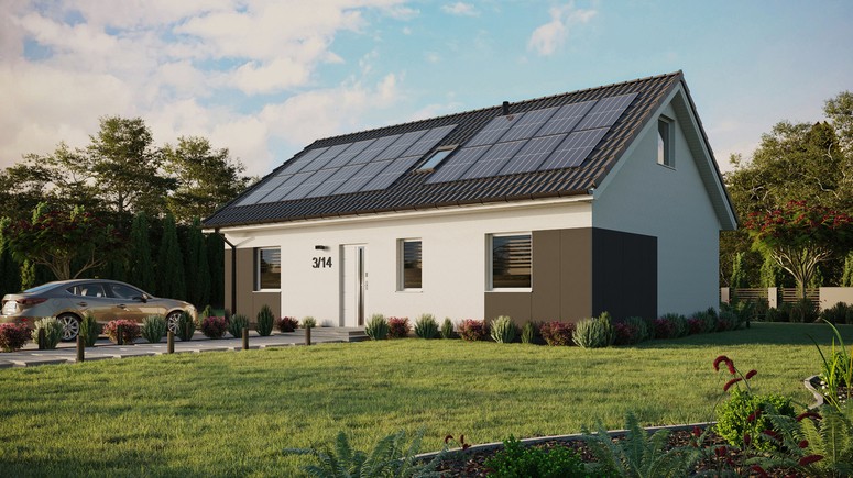 ERDOL 3 - Version Links (Wohnzimmer auf der linken Seite) - Satteldach mit ausgebautem Dachboden -Dachneigung  35 Grad - Dachfenster für Zimmer und Badezimmer - Standard - Styropor, Netz, Kleber - Weiß - Photovoltaik-Installation 8 kWp (20 Paneele)