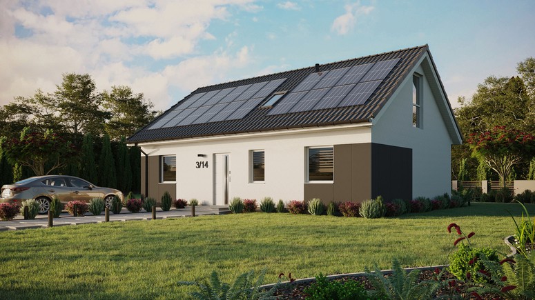 ERDOL 3 - Version Links (Wohnzimmer auf der linken Seite) - Satteldach mit ausgebautem Dachboden -Dachneigung  35 Grad - Zwei Zimmer-Dachfenster und ein Badezimmer-Dachfenster - Bodentiefes Fenster im Dachgeschoss - Styropor, Netz, Kleber - Weiß - Photovoltaik-Installation 8 kWp (20 Paneele)