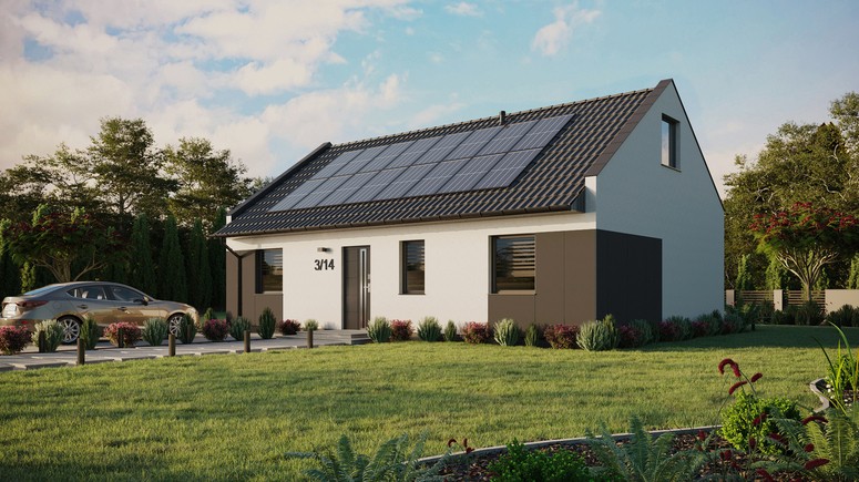 ERDOL 3 - Version Links (Wohnzimmer auf der linken Seite) - Modernes Satteldach mit ausgebautem Dachboden -Dachneigung  35 Grad - Zwei-Zimmer-Dachfenster - Standard - Styropor, Netz, Kleber - Anthrazit - Photovoltaik-Installation 6,4 kWp (16 Paneele)