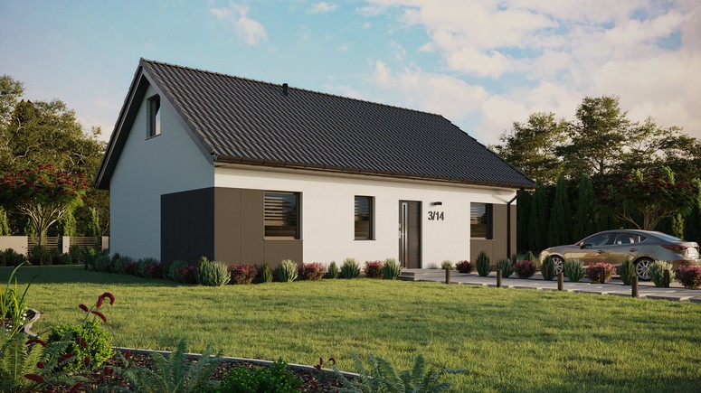 ERDOL 3 - Version Rechts (Wohnzimmer auf der rechten Seite) - Satteldach mit ausgebautem Dachboden -Dachneigung  35 Grad - Keine Dachfenster - Standard - Styropor, Netz, Kleber - Anthrazit - Ohne