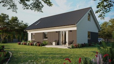 ERDOL 3 - Version Links (Wohnzimmer auf der linken Seite) - Satteldach mit ausgebautem Dachboden -Dachneigung  35 Grad - Dachfenster für Zimmer und Badezimmer - Standard - Styropor, Netz, Kleber - Weiß - Photovoltaik-Installation 6,4 kWp (16 Paneele)