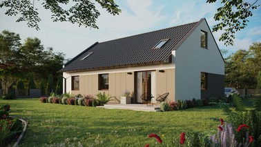 ERDOL 3 - Version Links (Wohnzimmer auf der linken Seite) - Modernes Satteldach mit ausgebautem Dachboden -Dachneigung  35 Grad - Zwei Zimmer-Dachfenster und ein Badezimmer-Dachfenster - Standard - Styropor, Netz, Kleber - Nusbaum - Ohne