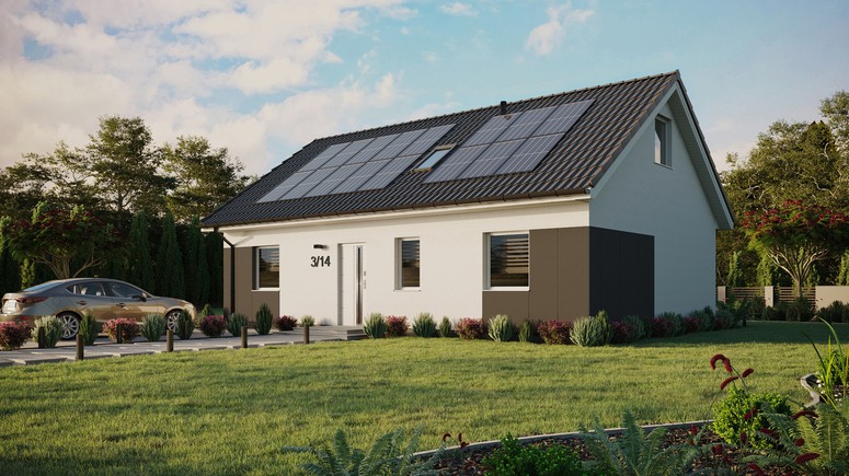 ERDOL 3 - Version Links (Wohnzimmer auf der linken Seite) - Satteldach mit ausgebautem Dachboden -Dachneigung  35 Grad - Dachfenster für Zimmer und Badezimmer - Standard - Styropor, Netz, Kleber - Weiß - Photovoltaik-Installation 6,4 kWp (16 Paneele)