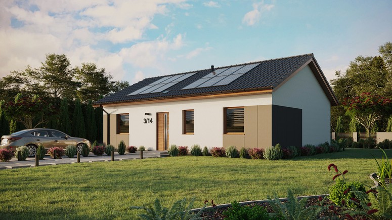 ERDOL 3 - Version Links (Wohnzimmer auf der linken Seite) - Satteldach ohne ausgebautem Dachboden -Dachneigung  25 Grad - Starres Tunneldachfenster - Balkontür im Esszimmer - Styropor, Netz, Kleber - Goldene Eiche - Photovoltaik-Installation 4,8 kWp (12 Paneele)