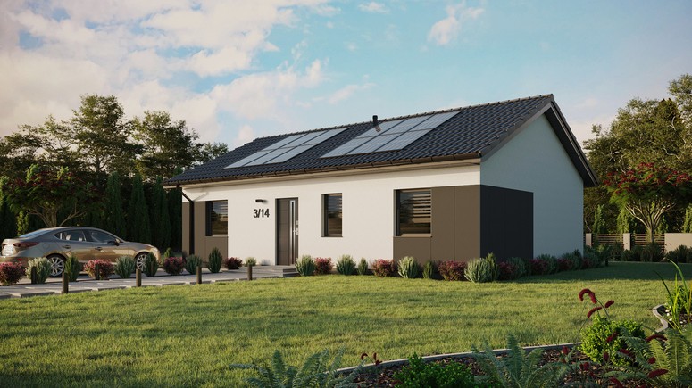 ERDOL 3 - Version Links (Wohnzimmer auf der linken Seite) - Satteldach ohne ausgebautem Dachboden -Dachneigung  25 Grad - Keine Dachfenster - Standard - Styropor, Netz, Kleber - Anthrazit - Photovoltaik-Installation 4,8 kWp (12 Paneele)