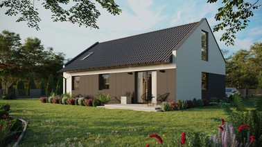 ERDOL 3 - Version Links (Wohnzimmer auf der linken Seite) - Modernes Satteldach mit ausgebautem Dachboden -Dachneigung  35 Grad - Dachfenster für Zimmer und Badezimmer - Bodentiefes Fenster im Dachgeschoss - Styropor, Netz, Kleber - Anthrazit - Ohne