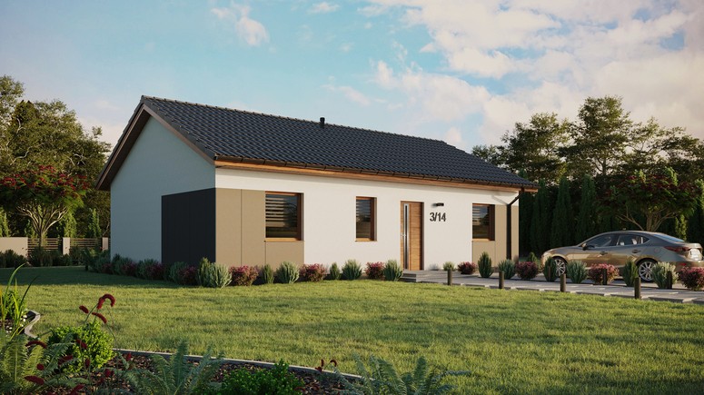 ERDOL 3 - Version Rechts (Wohnzimmer auf der rechten Seite) - Satteldach ohne ausgebautem Dachboden -Dachneigung  25 Grad - Keine Dachfenster - Standard - Styropor, Netz, Kleber - Goldene Eiche - Ohne