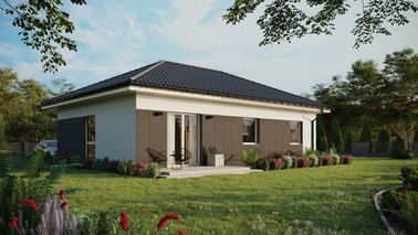 ERDOL 3 - Version Rechts (Wohnzimmer auf der rechten Seite) - Walmdach ohne ausgebautem Dachboden - Dachneigung 25 Grad - Keine Dachfenster - Balkontür im Esszimmer - Styropor, Netz, Kleber - Weiß