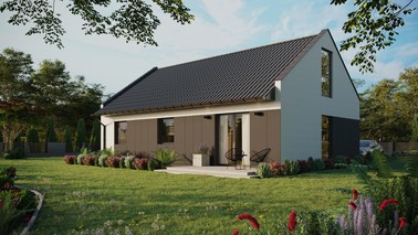 ERDOL 3 - Version Links (Wohnzimmer auf der linken Seite) - Modernes Satteldach mit ausgebautem Dachboden -Dachneigung  35 Grad - Keine Dachfenster - Balkontür im Esszimmer und Bodentiefes Fenster im Dachgeschoss - Styropor, Netz, Kleber - Anthrazit - Ohne