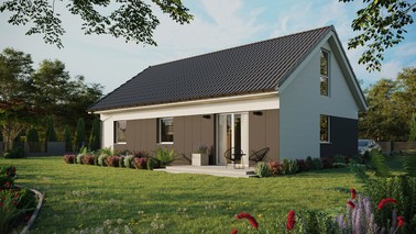 ERDOL 3 - Version Links (Wohnzimmer auf der linken Seite) - Satteldach mit ausgebautem Dachboden -Dachneigung  35 Grad - Keine Dachfenster - Bodentiefes Fenster im Dachgeschoss - Styropor, Netz, Kleber - Weiß - Ohne