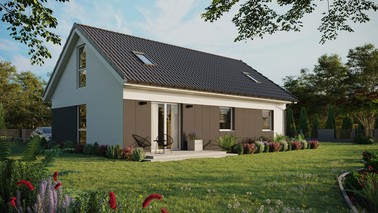 ERDOL 3 - Version Rechts (Wohnzimmer auf der rechten Seite) - Satteldach mit ausgebautem Dachboden -Dachneigung  35 Grad - Zwei-Zimmer-Dachfenster - Balkontür im Esszimmer und Bodentiefes Fenster im Dachgeschoss - Styropor, Netz, Kleber - Weiß - Ohne