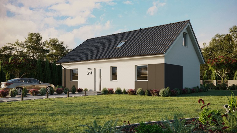 ERDOL 3 - Version Links (Wohnzimmer auf der linken Seite) - Satteldach mit ausgebautem Dachboden -Dachneigung  35 Grad - Dachfenster für Zimmer und Badezimmer - Balkontür im Esszimmer - Styropor, Netz, Kleber - Weiß - Ohne