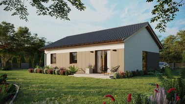 ERDOL 3 - Version Links (Wohnzimmer auf der linken Seite) - Satteldach ohne ausgebautem Dachboden -Dachneigung  25 Grad - Keine Dachfenster - Balkontür im Esszimmer - Styropor, Netz, Kleber - Goldene Eiche - Ohne