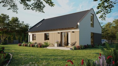 ERDOL 3 - Version Links (Wohnzimmer auf der linken Seite) - Modernes Satteldach mit ausgebautem Dachboden -Dachneigung  35 Grad - Dachfenster für Zimmer und Badezimmer - Balkontür im Esszimmer und Bodentiefes Fenster im Dachgeschoss - Styropor, Netz, Kleber - Winchester - Photovoltaik-Installation 6,4 kWp (16 Paneele)