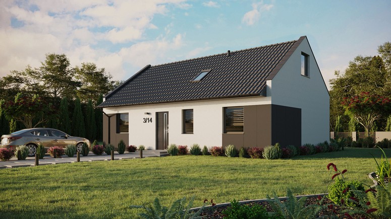 ERDOL 3 - Version Links (Wohnzimmer auf der linken Seite) - Modernes Satteldach mit ausgebautem Dachboden -Dachneigung  35 Grad - Dachfenster für Zimmer und Badezimmer - Standard - Styropor, Netz, Kleber - Anthrazit - Ohne