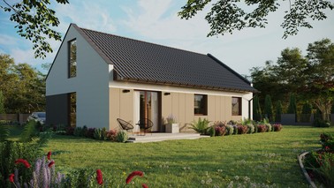 ERDOL 3 - Version Rechts (Wohnzimmer auf der rechten Seite) - Modernes Satteldach mit ausgebautem Dachboden -Dachneigung  35 Grad - Keine Dachfenster - Balkontür im Esszimmer und Bodentiefes Fenster im Dachgeschoss - Styropor, Netz, Kleber - Nusbaum - Ohne