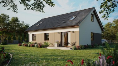 ERDOL 3 - Version Links (Wohnzimmer auf der linken Seite) - Satteldach mit ausgebautem Dachboden -Dachneigung  35 Grad - Zwei Zimmer-Dachfenster und ein Badezimmer-Dachfenster - Standard - Styropor, Netz, Kleber - Nusbaum - Ohne