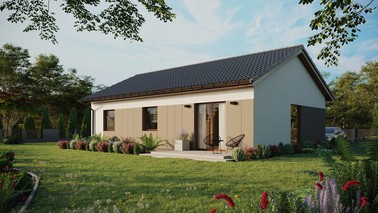 ERDOL 3 - Version Links (Wohnzimmer auf der linken Seite) - Satteldach ohne ausgebautem Dachboden -Dachneigung  25 Grad - Keine Dachfenster - Balkontür im Esszimmer - Styropor, Netz, Kleber - Nusbaum - Ohne