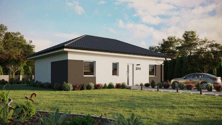 ERDOL 3 - Version Rechts (Wohnzimmer auf der rechten Seite) - Walmdach ohne ausgebautem Dachboden - Dachneigung 25 Grad - Keine Dachfenster - Standard - Styropor, Netz, Kleber - Weiß