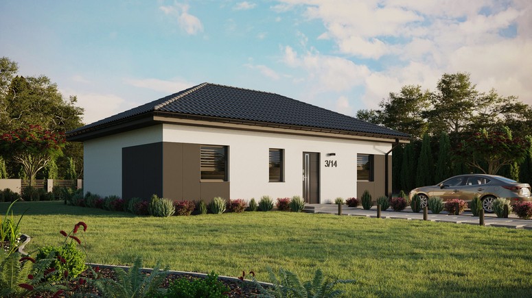 ERDOL 3 - Version Rechts (Wohnzimmer auf der rechten Seite) - Walmdach ohne ausgebautem Dachboden - Dachneigung 25 Grad - Keine Dachfenster - Standard - Styropor, Netz, Kleber - Anthrazit