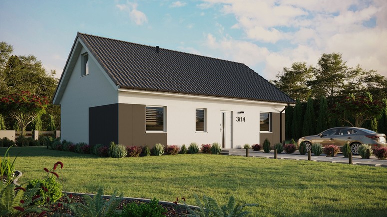 ERDOL 3 - Version Rechts (Wohnzimmer auf der rechten Seite) - Satteldach mit ausgebautem Dachboden -Dachneigung  35 Grad - Keine Dachfenster - Standard - Styropor, Netz, Kleber - Weiß - Ohne