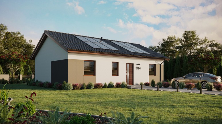 ERDOL 3 - Version Rechts (Wohnzimmer auf der rechten Seite) - Satteldach ohne ausgebautem Dachboden -Dachneigung  25 Grad - Keine Dachfenster - Standard - Styropor, Netz, Kleber - Nusbaum - Photovoltaik-Installation 4,8 kWp (12 Paneele)