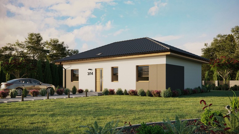 ERDOL 3 - Version Links (Wohnzimmer auf der linken Seite) - Walmdach ohne ausgebautem Dachboden - Dachneigung 25 Grad - Starres Tunneldachfenster - Standard - Styropor, Netz, Kleber - Winchester