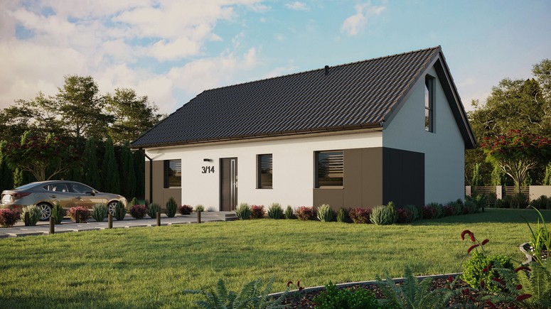 ERDOL 3 - Version Links (Wohnzimmer auf der linken Seite) - Satteldach mit ausgebautem Dachboden -Dachneigung  35 Grad - Keine Dachfenster - Bodentiefes Fenster im Dachgeschoss - Styropor, Netz, Kleber - Anthrazit - Ohne