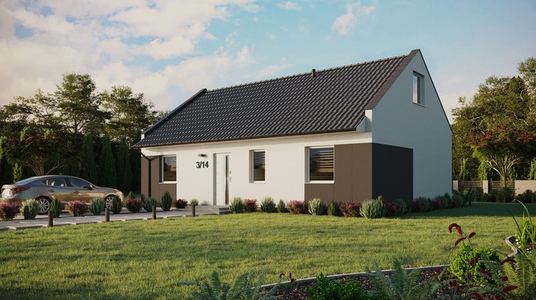 ERDOL 3 - Version Links (Wohnzimmer auf der linken Seite) - Modernes Satteldach mit ausgebautem Dachboden -Dachneigung  35 Grad - Keine Dachfenster - Balkontür im Esszimmer - Styropor, Netz, Kleber - Weiß - Ohne