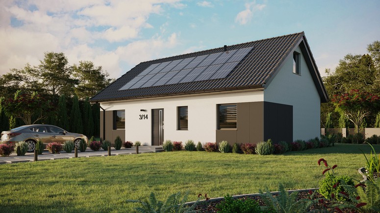 ERDOL 3 - Version Links (Wohnzimmer auf der linken Seite) - Satteldach mit ausgebautem Dachboden -Dachneigung  35 Grad - Zwei-Zimmer-Dachfenster - Standard - Styropor, Netz, Kleber - Anthrazit - Photovoltaik-Installation 6,4 kWp (16 Paneele)