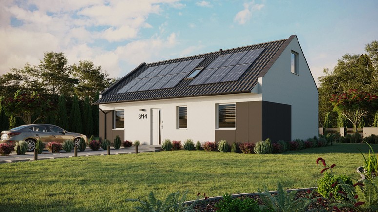 ERDOL 3 - Version Links (Wohnzimmer auf der linken Seite) - Modernes Satteldach mit ausgebautem Dachboden -Dachneigung  35 Grad - Dachfenster für Zimmer und Badezimmer - Standard - Styropor, Netz, Kleber - Weiß - Photovoltaik-Installation 6,4 kWp (16 Paneele)