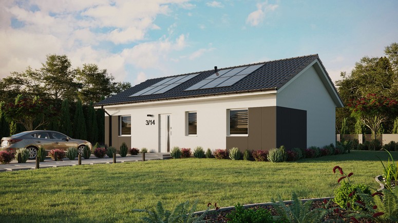 ERDOL 3 - Version Links (Wohnzimmer auf der linken Seite) - Satteldach ohne ausgebautem Dachboden -Dachneigung  25 Grad - Keine Dachfenster - Standard - Styropor, Netz, Kleber - Weiß - Photovoltaik-Installation 4,8 kWp (12 Paneele)