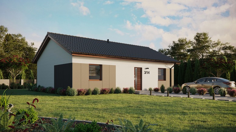 ERDOL 2 XL - Version Rechts (Wohnzimmer auf der rechten Seite) - Satteldach ohne ausgebautem Dachboden -Dachneigung  25 Grad - Keine Dachfenster - Standard - Styropor, Netz, Kleber - Nusbaum - Ohne