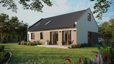 ERDOL 2 XL - Version Links (Wohnzimmer auf der linken Seite) - Modernes Satteldach mit ausgebautem Dachboden -Dachneigung  35 Grad - Dachfenster für Zimmer und Badezimmer - Standard - Styropor, Netz, Kleber - Nusbaum - Ohne