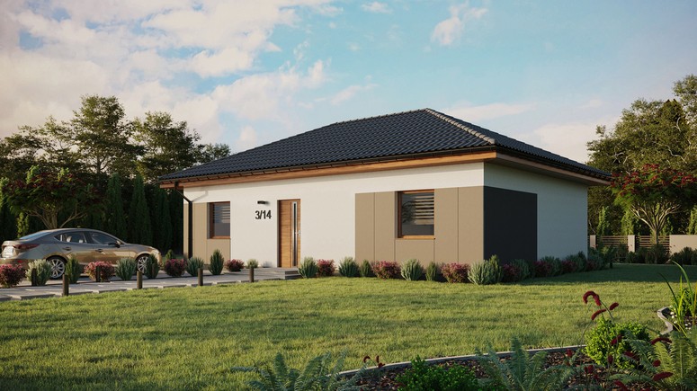 ERDOL 2 XL - Version Links (Wohnzimmer auf der linken Seite) - Walmdach ohne ausgebautem Dachboden - Dachneigung 25 Grad - Keine Dachfenster - Standard - Styropor, Netz, Kleber - Goldene Eiche