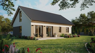 ERDOL 2 XL - Version Rechts (Wohnzimmer auf der rechten Seite) - Satteldach mit ausgebautem Dachboden -Dachneigung  35 Grad - Keine Dachfenster - Bodentiefes Fenster im Dachgeschoss - Styropor, Netz, Kleber - Winchester - Ohne