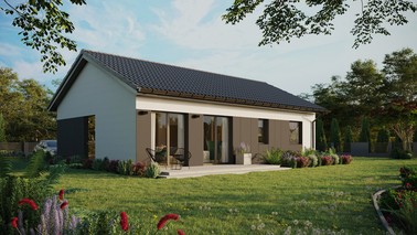 ERDOL 2 XL - Version Rechts (Wohnzimmer auf der rechten Seite) - Satteldach ohne ausgebautem Dachboden -Dachneigung  25 Grad - Keine Dachfenster - Balkontür im Esszimmer - Styropor, Netz, Kleber - Anthrazit - Ohne