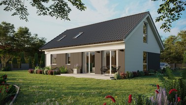 ERDOL 2 XL - Version Links (Wohnzimmer auf der linken Seite) - Satteldach mit ausgebautem Dachboden -Dachneigung  35 Grad - Dachfenster für Zimmer und Badezimmer - Balkontür im Esszimmer und Bodentiefes Fenster im Dachgeschoss - Styropor, Netz, Kleber - Weiß - Ohne