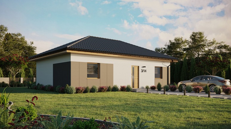 ERDOL 2 XL - Version Rechts (Wohnzimmer auf der rechten Seite) - Walmdach ohne ausgebautem Dachboden - Dachneigung 25 Grad - Keine Dachfenster - Standard - Styropor, Netz, Kleber - Winchester