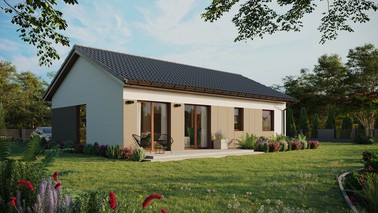 ERDOL 2 XL - Version Rechts (Wohnzimmer auf der rechten Seite) - Satteldach ohne ausgebautem Dachboden -Dachneigung  25 Grad - Keine Dachfenster - Balkontür im Esszimmer - Styropor, Netz, Kleber - Nusbaum - Ohne