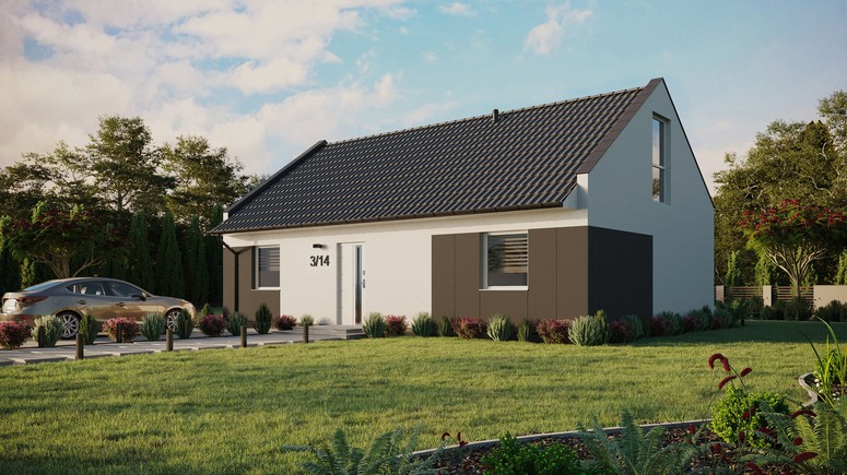 ERDOL 2 XL - Version Links (Wohnzimmer auf der linken Seite) - Modernes Satteldach mit ausgebautem Dachboden -Dachneigung  35 Grad - Keine Dachfenster - Balkontür im Esszimmer und Bodentiefes Fenster im Dachgeschoss - Styropor, Netz, Kleber - Weiß - Ohne