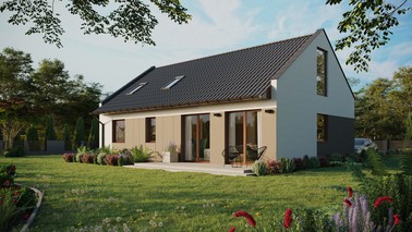 ERDOL 2 XL - Version Links (Wohnzimmer auf der linken Seite) - Modernes Satteldach mit ausgebautem Dachboden -Dachneigung  35 Grad - Dachfenster für Zimmer und Badezimmer - Bodentiefes Fenster im Dachgeschoss - Styropor, Netz, Kleber - Nusbaum - Ohne