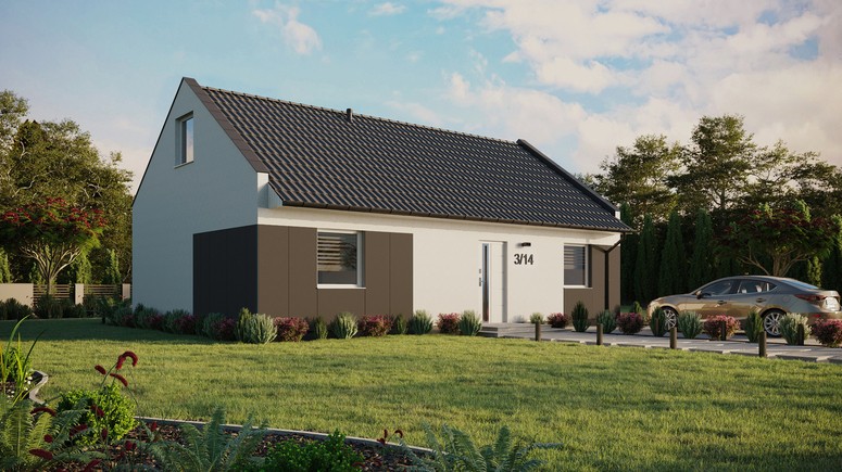 ERDOL 2 XL - Version Rechts (Wohnzimmer auf der rechten Seite) - Modernes Satteldach mit ausgebautem Dachboden -Dachneigung  35 Grad - Keine Dachfenster - Standard - Styropor, Netz, Kleber - Weiß - Ohne