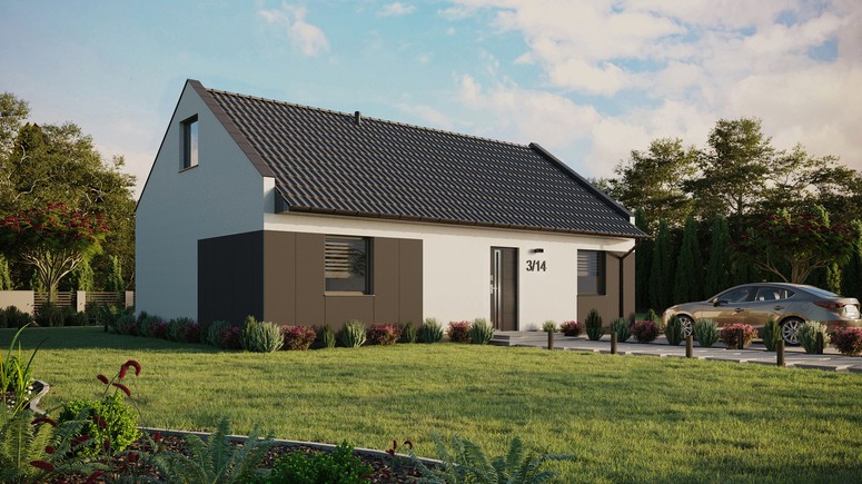 ERDOL 2 XL - Version Rechts (Wohnzimmer auf der rechten Seite) - Modernes Satteldach mit ausgebautem Dachboden -Dachneigung  35 Grad - Keine Dachfenster - Standard - Styropor, Netz, Kleber - Anthrazit - Ohne