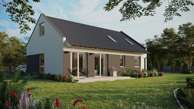 ERDOL 2 XL - Version Rechts (Wohnzimmer auf der rechten Seite) - Modernes Satteldach mit ausgebautem Dachboden -Dachneigung  35 Grad - Dachfenster für Zimmer und Badezimmer - Balkontür im Esszimmer - Styropor, Netz, Kleber - Weiß - Ohne