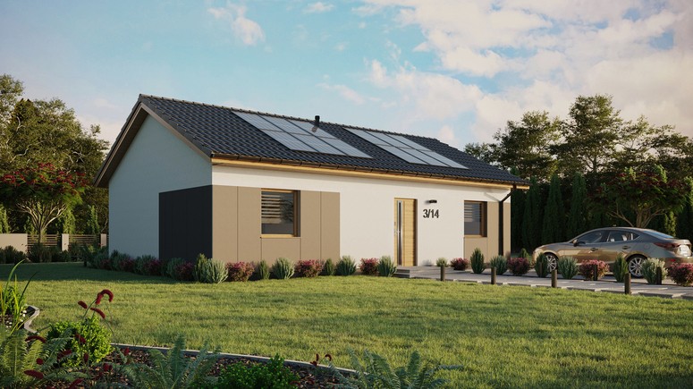 ERDOL 2 XL - Version Rechts (Wohnzimmer auf der rechten Seite) - Satteldach ohne ausgebautem Dachboden -Dachneigung  25 Grad - Keine Dachfenster - Standard - Styropor, Netz, Kleber - Winchester - Photovoltaik-Installation 4,8 kWp (12 Paneele)