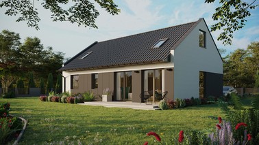 ERDOL 2 XL - Version Links (Wohnzimmer auf der linken Seite) - Modernes Satteldach mit ausgebautem Dachboden -Dachneigung  35 Grad - Zwei-Zimmer-Dachfenster - Balkontür im Esszimmer - Styropor, Netz, Kleber - Anthrazit - Photovoltaik-Installation 6,4 kWp (16 Paneele)