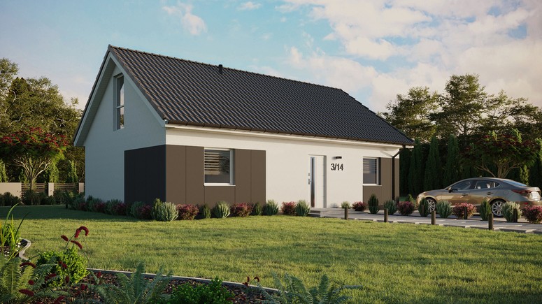 ERDOL 2 XL - Version Rechts (Wohnzimmer auf der rechten Seite) - Satteldach mit ausgebautem Dachboden -Dachneigung  35 Grad - Keine Dachfenster - Balkontür im Esszimmer und Bodentiefes Fenster im Dachgeschoss - Styropor, Netz, Kleber - Weiß - Ohne